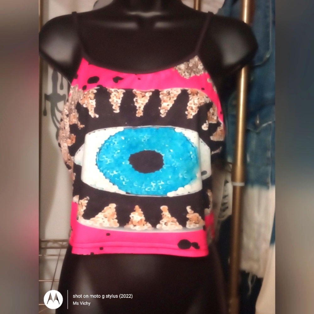Top. Cropped W/ Spaghetti Straps. Pink Black Blue & White. Women's LG.